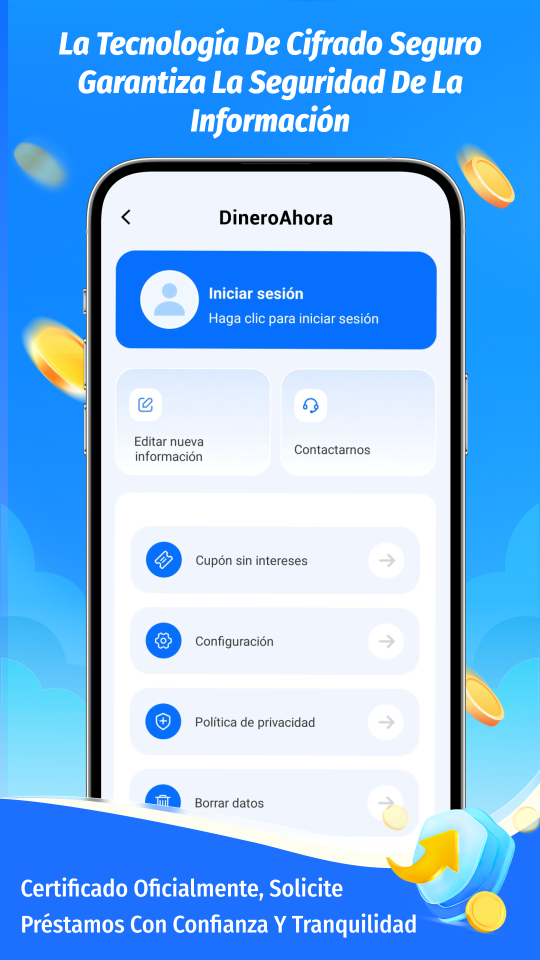 Centro de cuenta con ajustes, politica de privacidad y borrado de datos